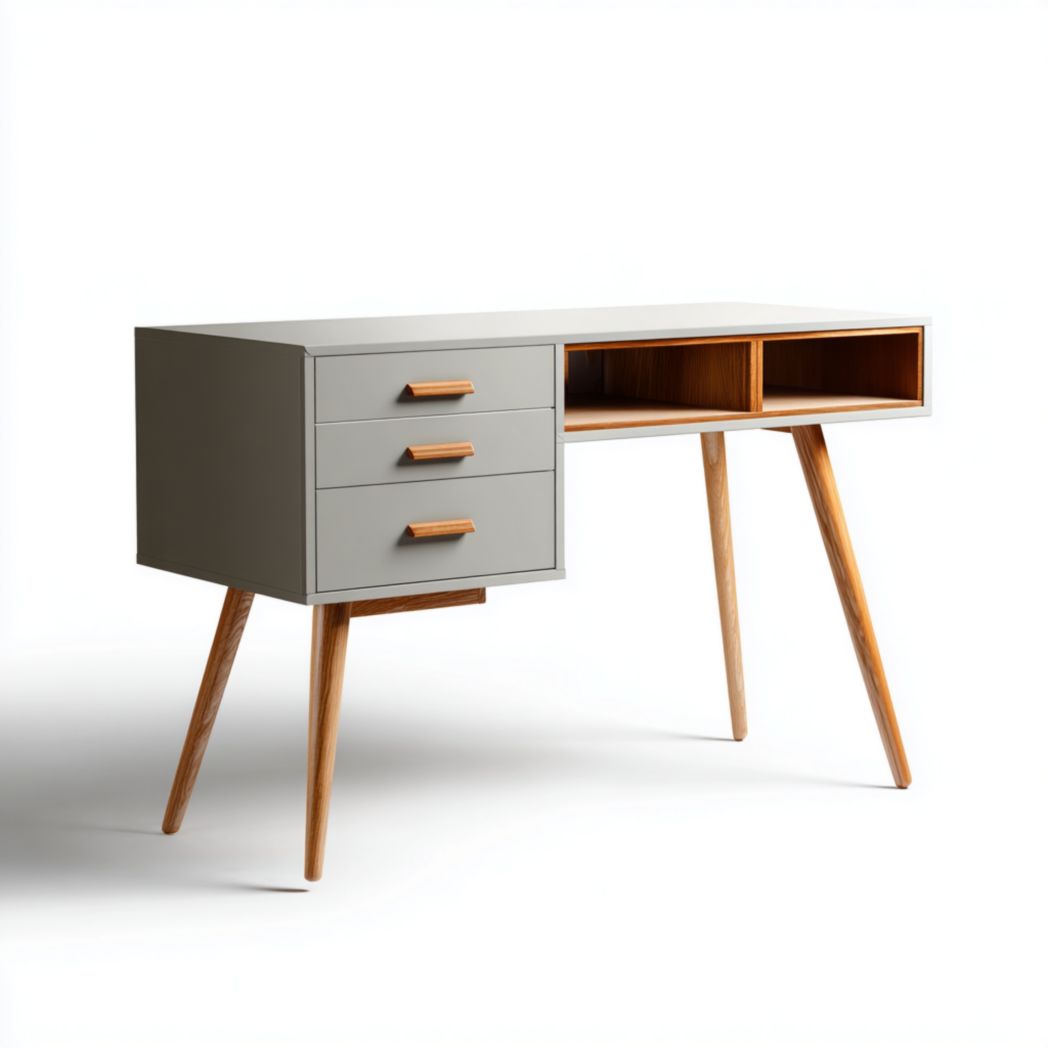 Biurko z 3 Szufladami i 2 Przegrodami, Szary Stolik na Nogach z Drewna Sosnowego-Simons Patio