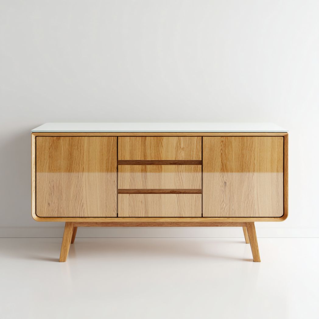 Komoda dębowa z białym szklanym blatem, szafki i szuflady-Simons Patio