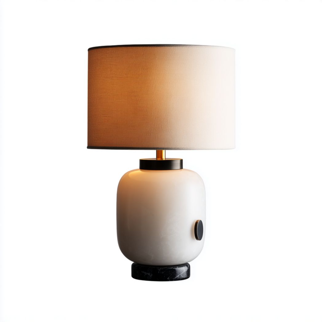 Lampa stołowa z marmuru biało-czarnego z kloszem materiałowym E27-Simons Patio