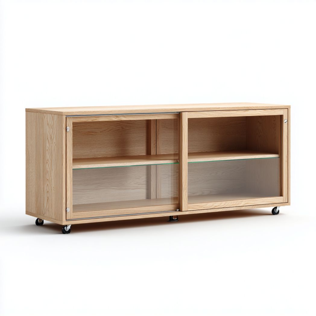 Szafka RTV z drewna jesionowego z przesuwnymi drzwiami ze szkła-Simons Patio