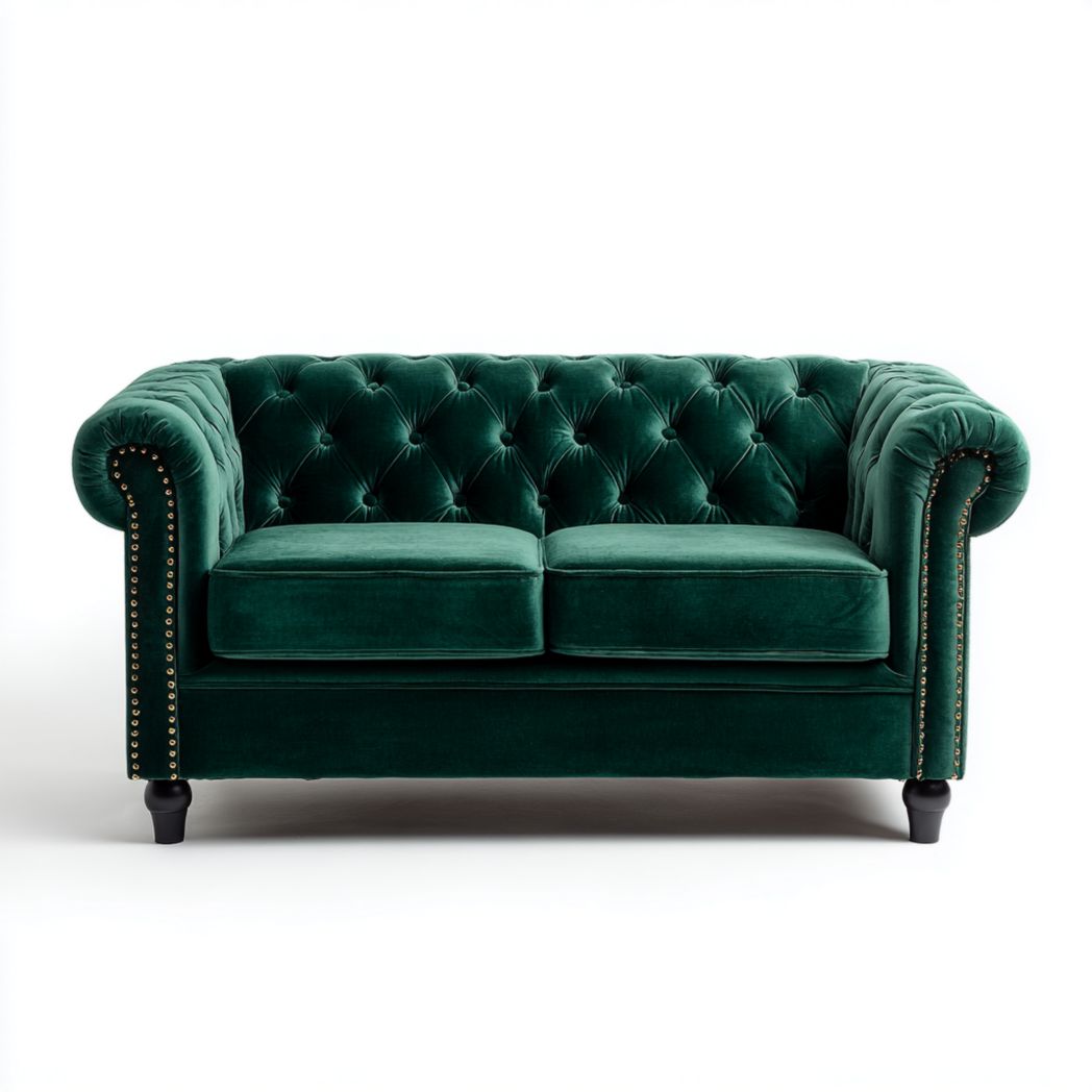 Sofa dwuosobowa z tkaniny zielonej, nogi z drewna bukowego-Simons Patio