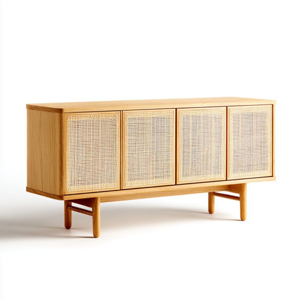 Komoda z drewna dębowego z czwórką frontów z plecionki-Upholstery Design