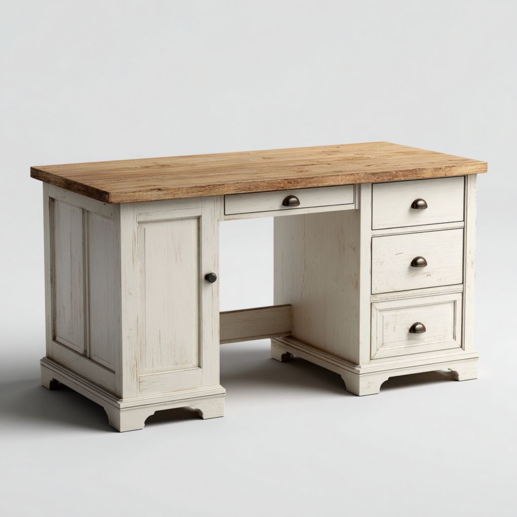 Biurko z 4 Szufladami i Szafką, Blat z Drewna Sosnowego, Biały Stolik Gabinetowy-Freedman Office