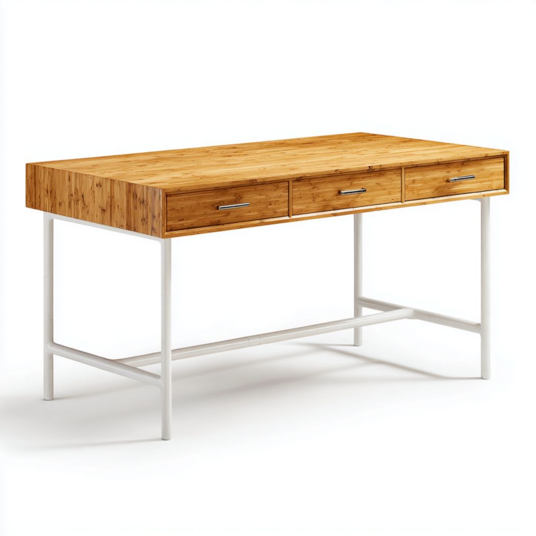 Biurko z 3 Szufladami i Blatem Bambusowym, Biały Stelaż Metalowy-Freedman Office