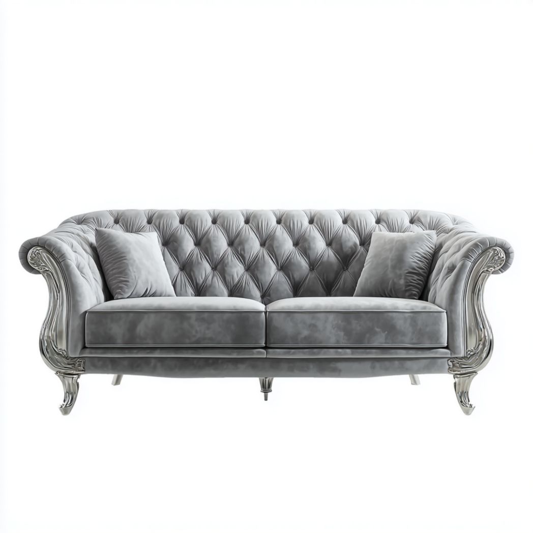 Sofa dwuosobowa z tkaniny szarej, nogi z drewna z dekoracją-Freedman Office