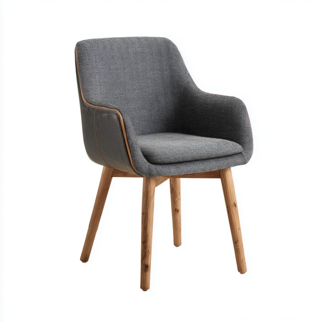 Fotel tapicerowany szary z drewnianymi nogami i obszyciem ze skóry-Freedman Office