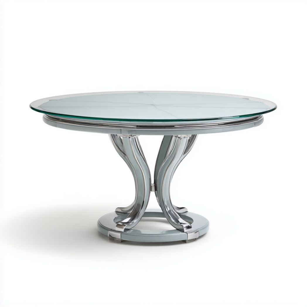 Okrągły stół do jadalni ze szklanym blatem na metalowej podstawie srebrno-szary-Freedman Office