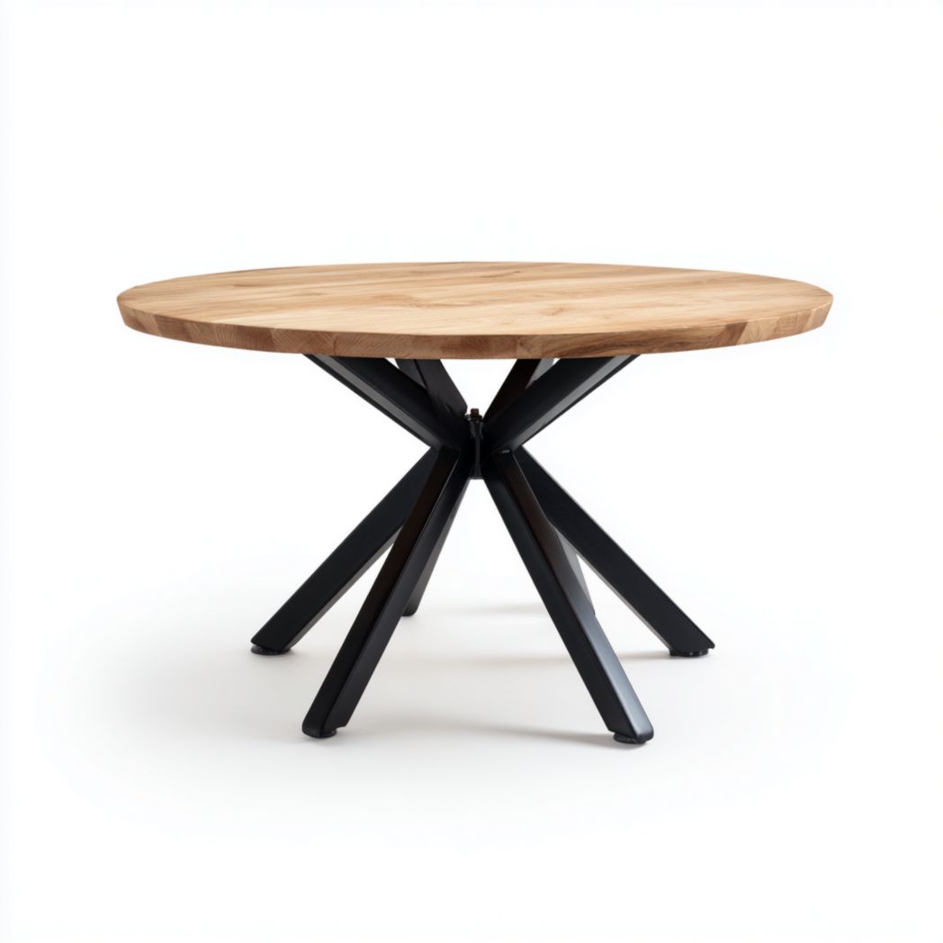Okrągły stół do jadalni z blatem dębowym na czarnych metalowych nogach typu pająk-Freedman Office
