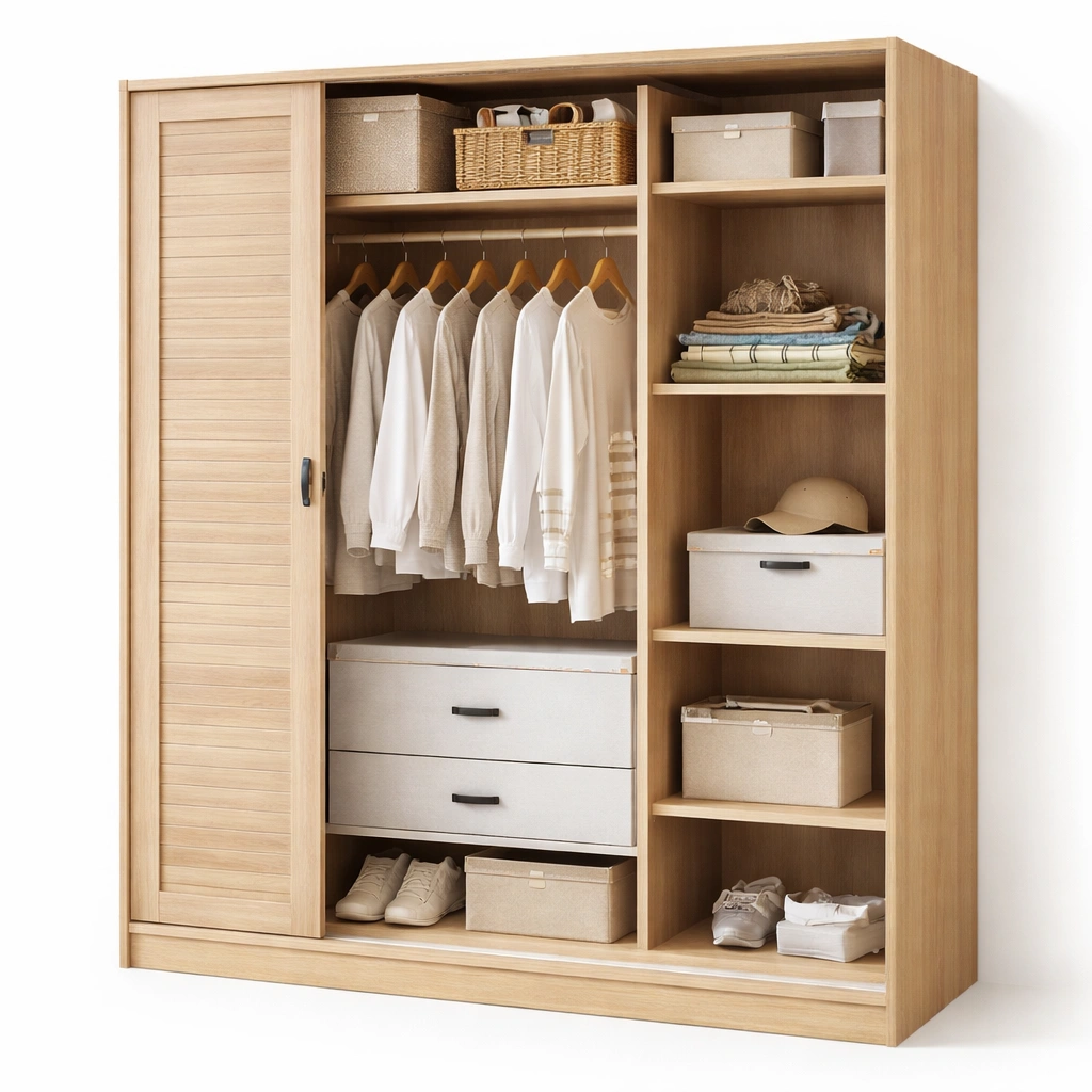 Armario moderno de madera con puertas correderas y cajones integrados-cozixo