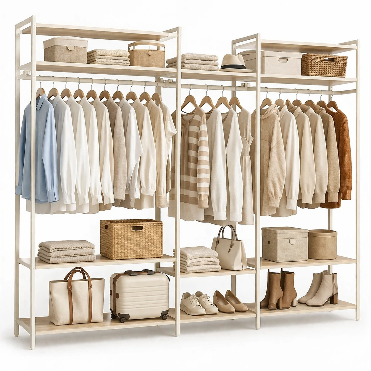 Armario abierto modular con estructura metalica y estantes de madera-cozixo