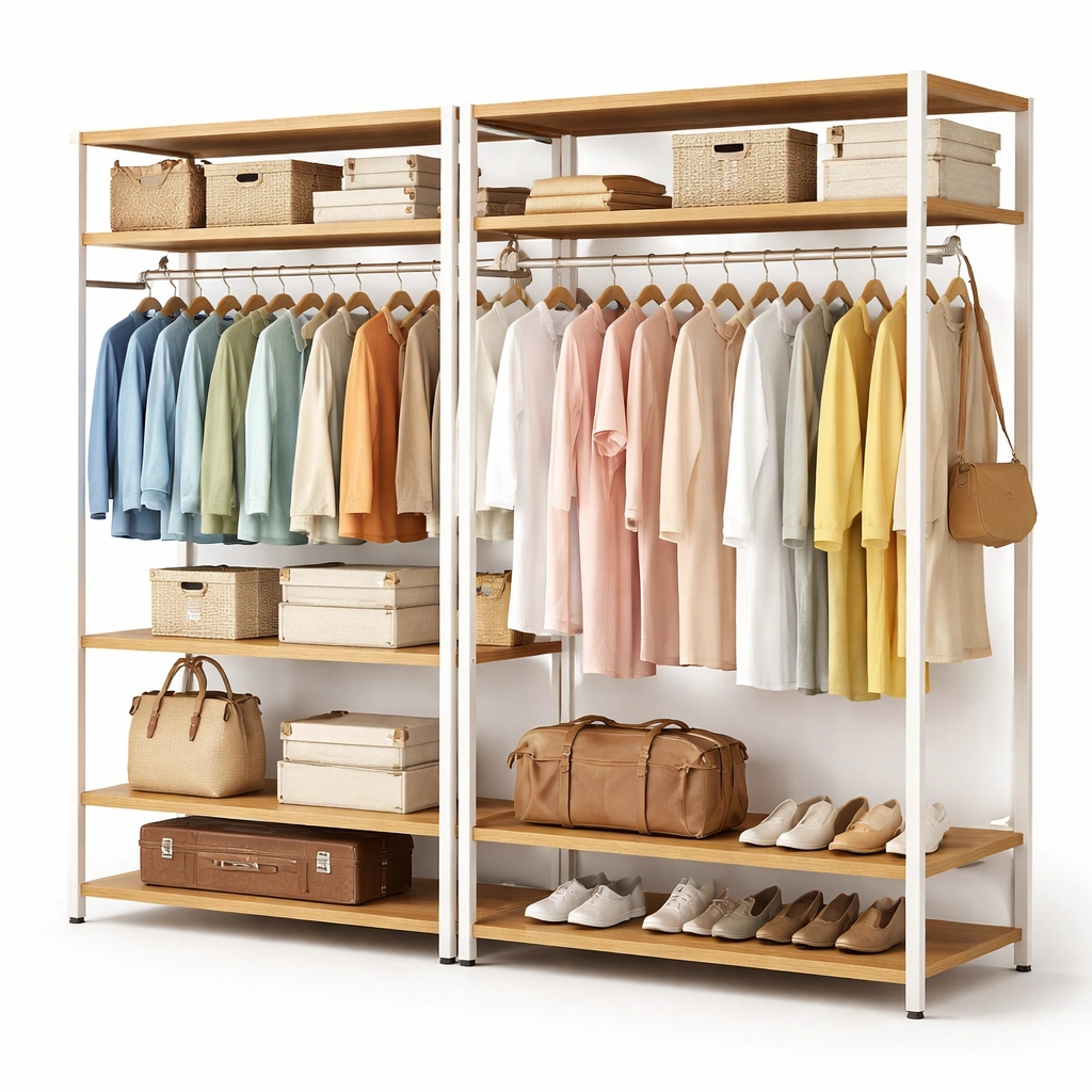 Armario abierto doble con estructura metalica y estantes de madera-cozixo