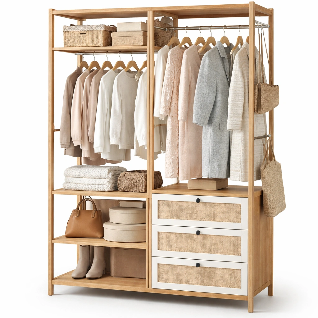 Armario modular de madera con cajones y barra para ropa-cozixo