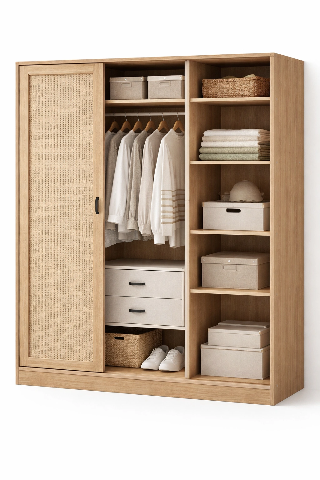 Armario con puerta corredera y panel de rejilla natural-cozixo