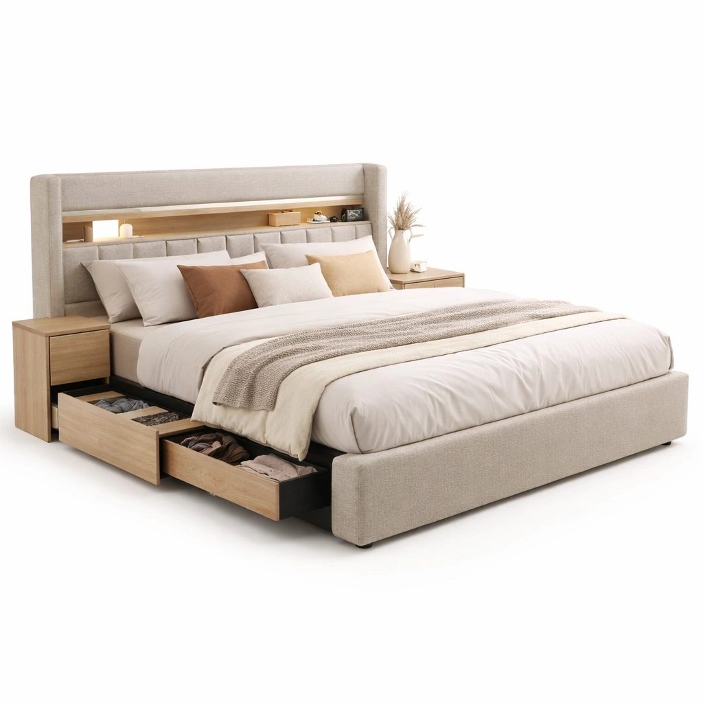 Cama tapizada con almacenaje lateral y cabecero acolchado-cozixo