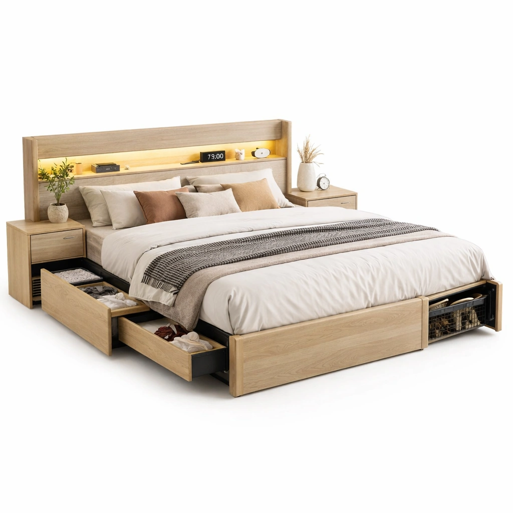 Cama de madera con almacenaje y iluminacion integrada-cozixo