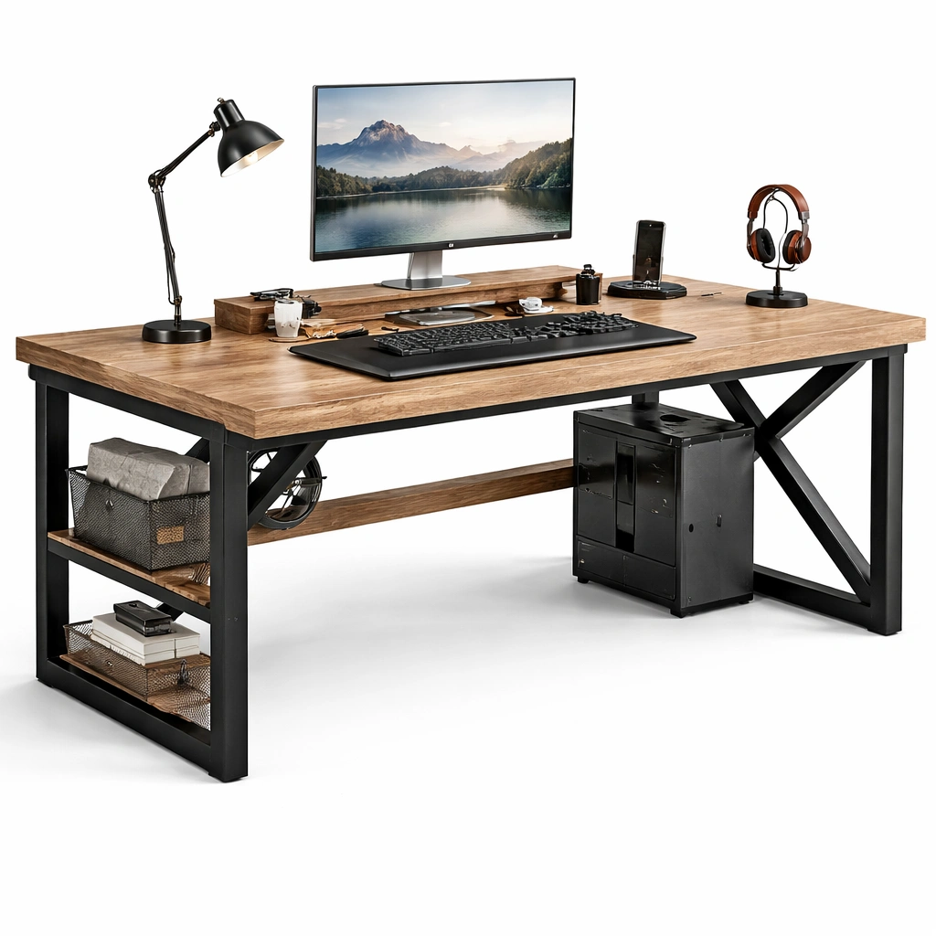 Escritorio moderno con estructura metalica y estantes laterales-cozixo