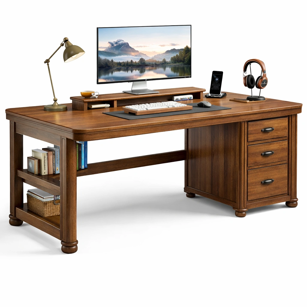 Escritorio clasico de madera con cajones y almacenamiento lateral-cozixo