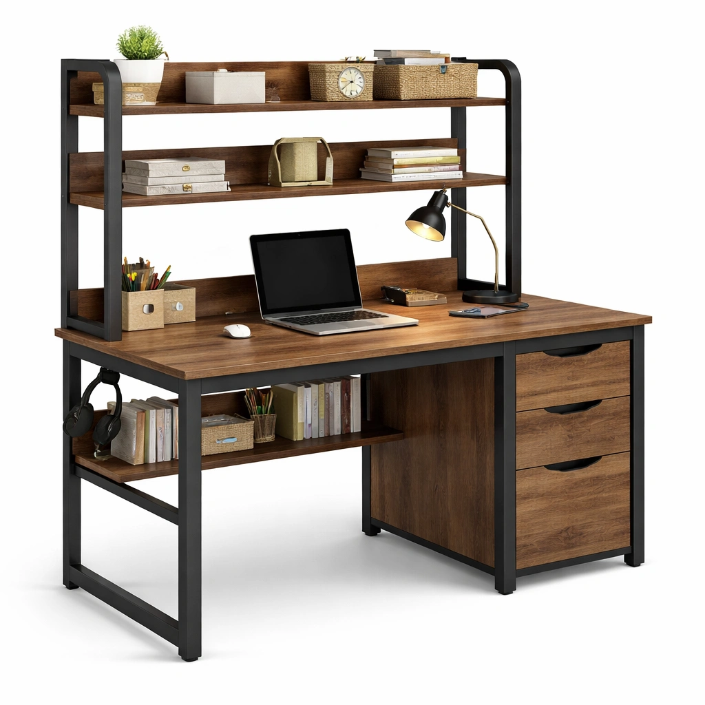 Escritorio industrial con estantes superiores y cajones integrados-cozixo