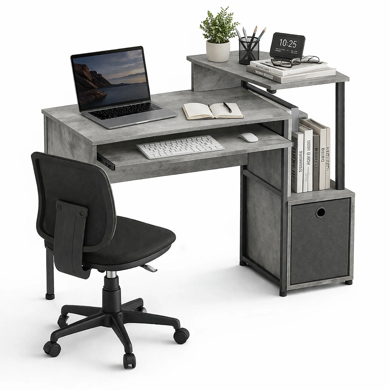 Escritorio compacto moderno con estanteria lateral y soporte elevado-cozixo