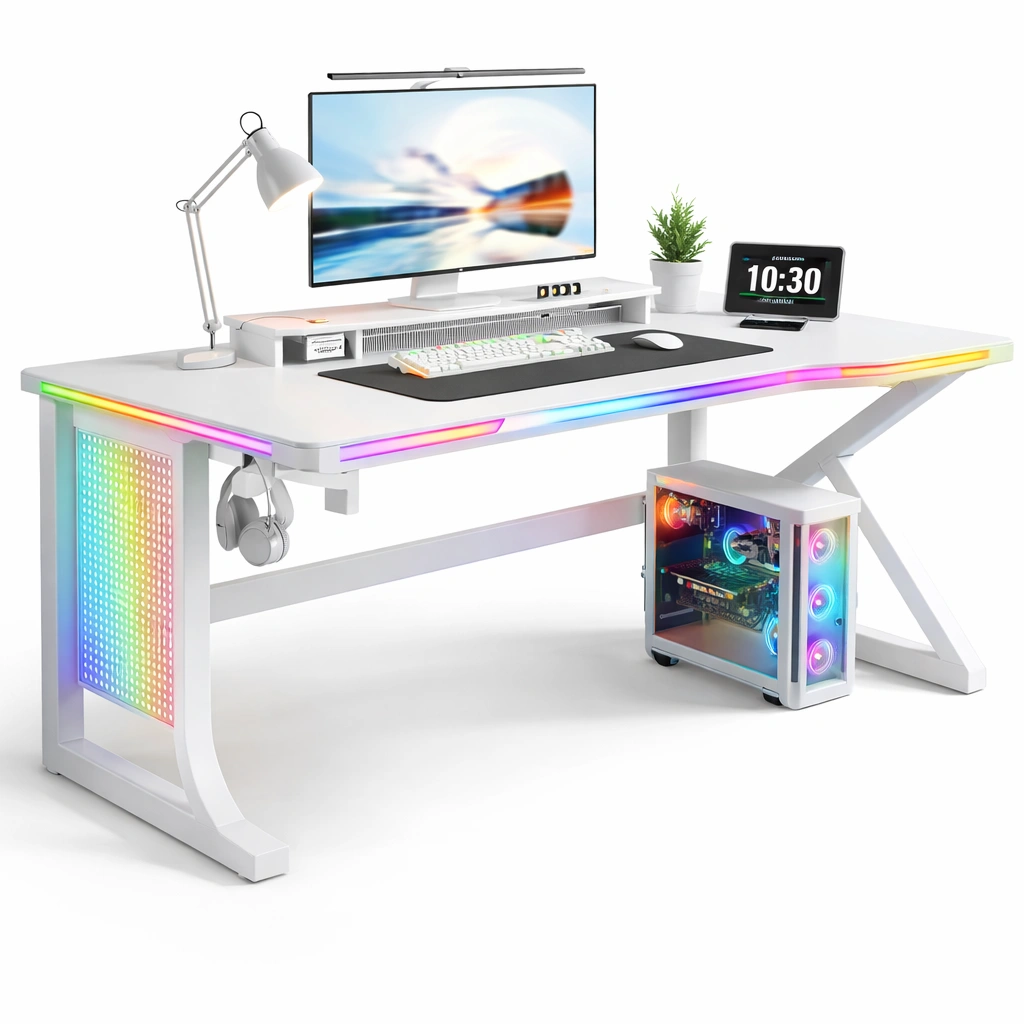 Escritorio gaming con iluminacion LED y soporte para equipo-cozixo