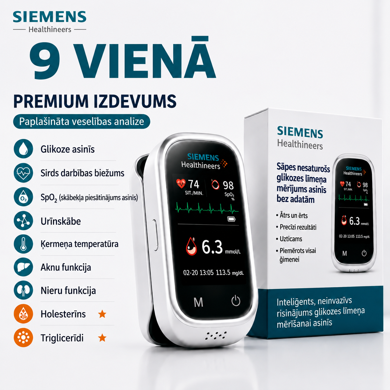 🩸 Siemens™ 11-v-1 bezadatu glikometrs • Bez dūriena • Bez teststrēmelēm • Rezultāti tikai 5 sekundēs