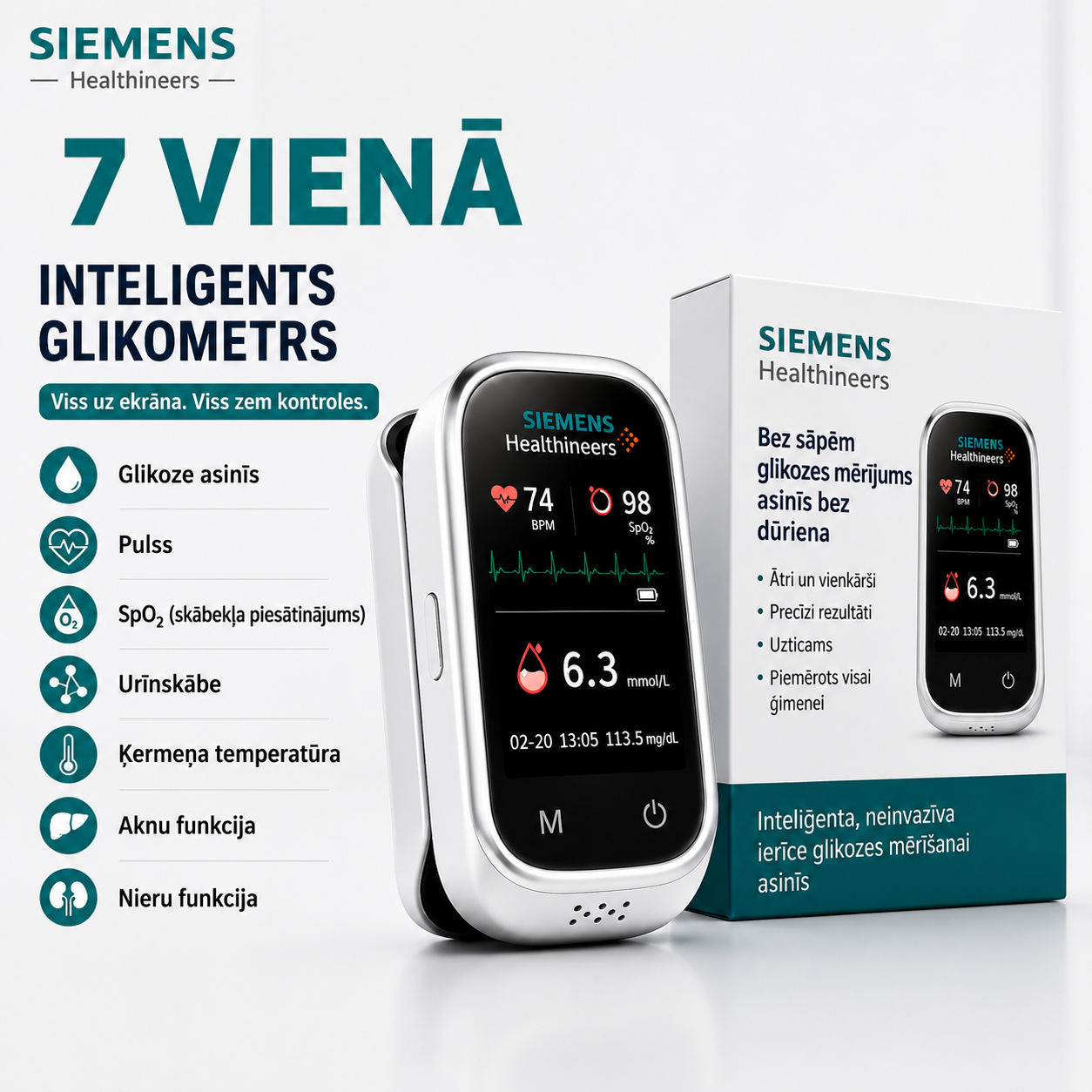 🩸 Siemens™ 11-v-1 bezadatu glikometrs • Bez dūriena • Bez teststrēmelēm • Rezultāti tikai 5 sekundēs
