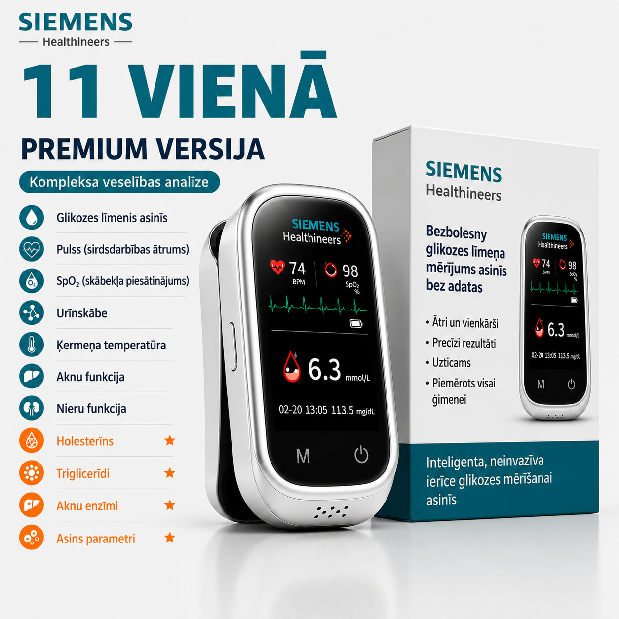 🩸 Siemens™ 11-v-1 bezadatu glikometrs • Bez dūriena • Bez teststrēmelēm • Rezultāti tikai 5 sekundēs