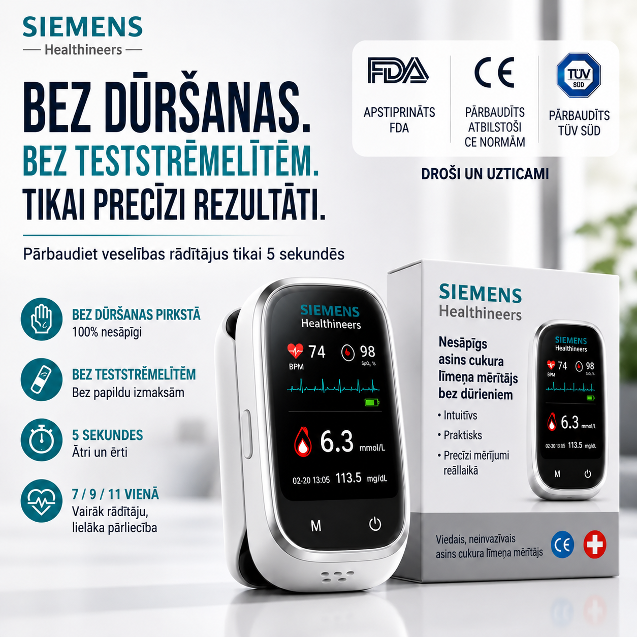 🩸 Siemens™ 11-v-1 bezadatu glikometrs • Bez dūriena • Bez teststrēmelēm • Rezultāti tikai 5 sekundēs