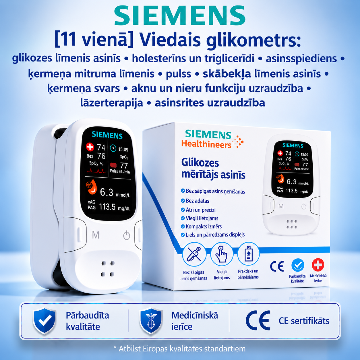 🩸 Siemens™ 2026 jaunākais modelis 11 vienā bezadatu glikometrs 🇩🇪 Ražots Vācijā • Bez adatas dūriena • Bez teststrēmelēm • Rezultāti tikai 5 sekundēs