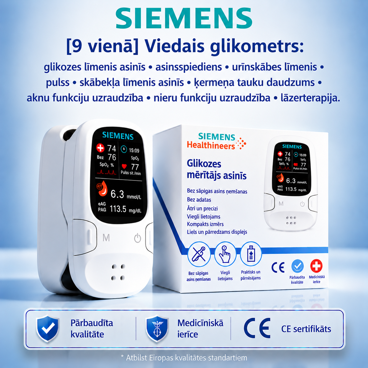 🩸 Siemens™ 2026 jaunākais modelis 11 vienā bezadatu glikometrs 🇩🇪 Ražots Vācijā • Bez adatas dūriena • Bez teststrēmelēm • Rezultāti tikai 5 sekundēs