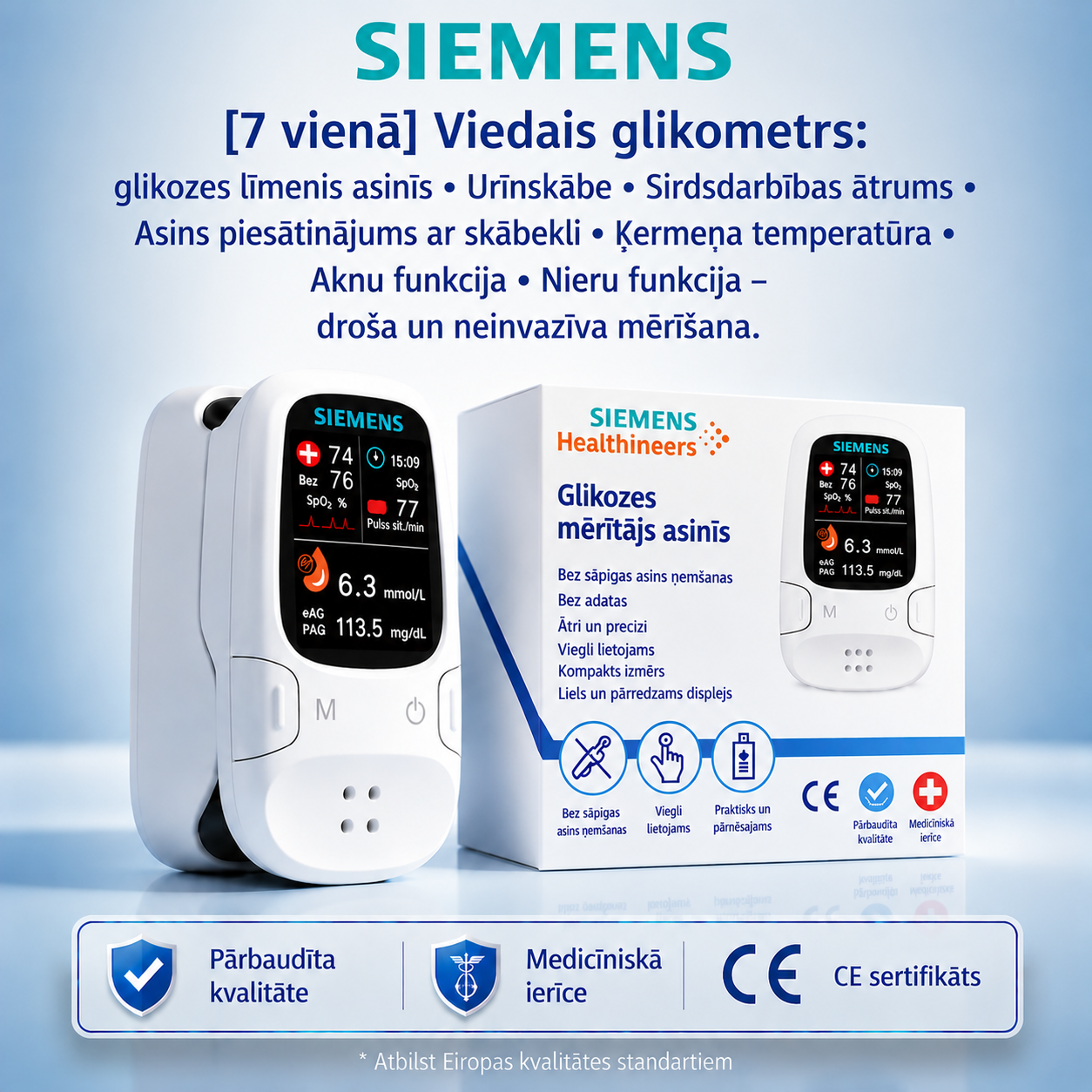 🩸 Siemens™ 2026 jaunākais modelis 11 vienā bezadatu glikometrs 🇩🇪 Ražots Vācijā • Bez adatas dūriena • Bez teststrēmelēm • Rezultāti tikai 5 sekundēs