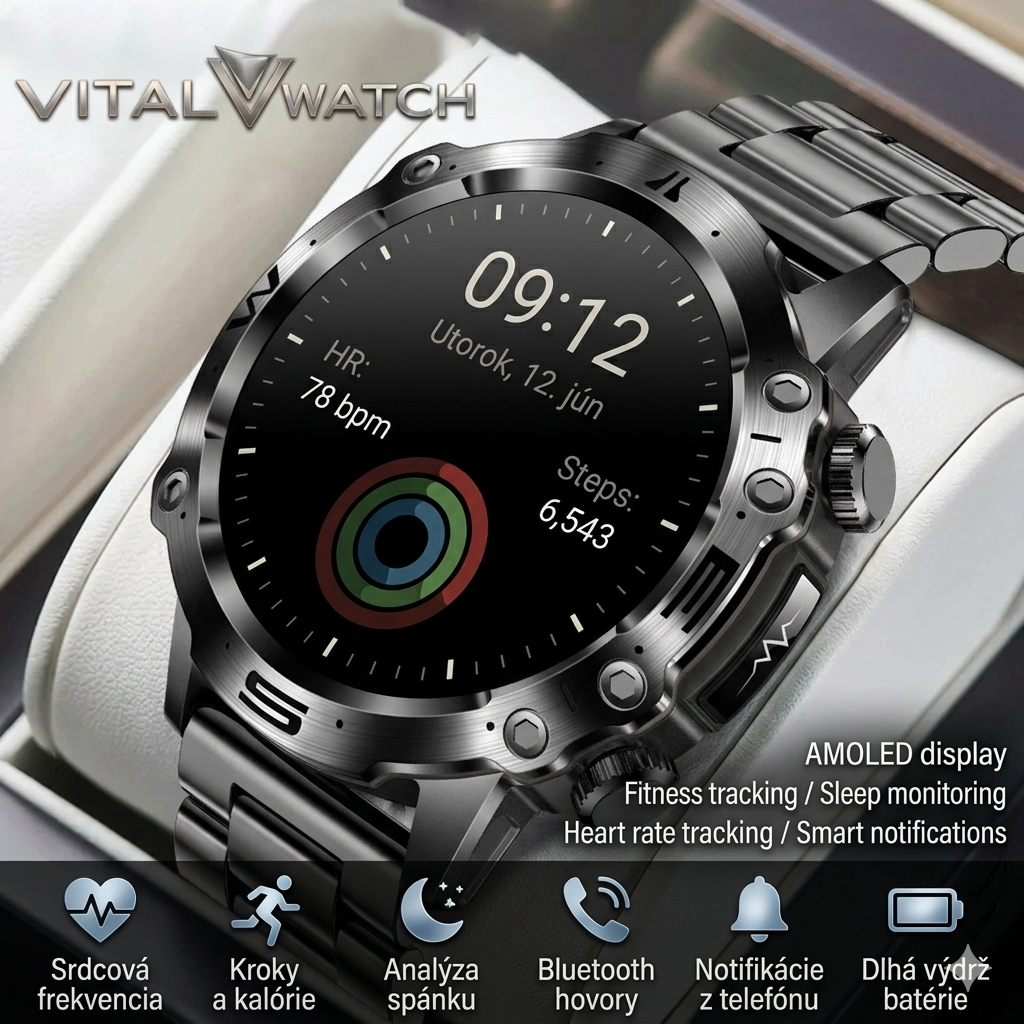 VITAL WATCH inteligentné hodinky 2026 ⌚️ Prehľad o vašom zdraví každý deň – jednoducho a spoľahlivo 🏃‍♂️  Sledujte srdcovú frekvenciu ❤️, spánok 🌙 a dennú aktivitu v reálnom čase. Elegantný dizajn, dlhá výdrž batérie a Bluetooth hovory – všetko, čo potr