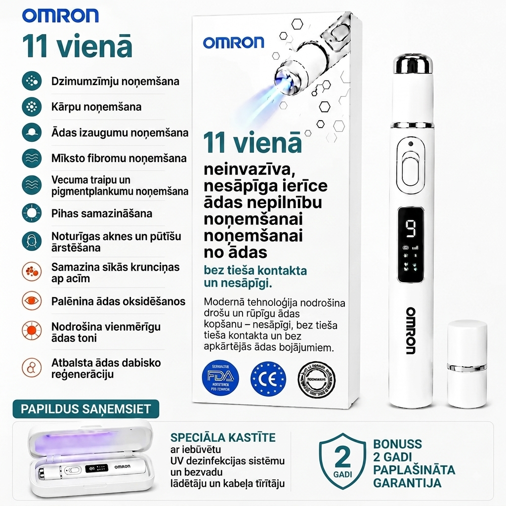 Omron™ daudzfunkcionālā pildspalva dzimumzīmju noņemšanai uz visa ķermeņa – jaunākais 2026. gada modelis, nesāpīgs un neinvazīvs risinājums ādas kopšanai. Tā ļauj ātri noņemt dzimumzīmes ērti no jūsu mājām, turklāt pilnīgi bez rētām. Ražots ASV.