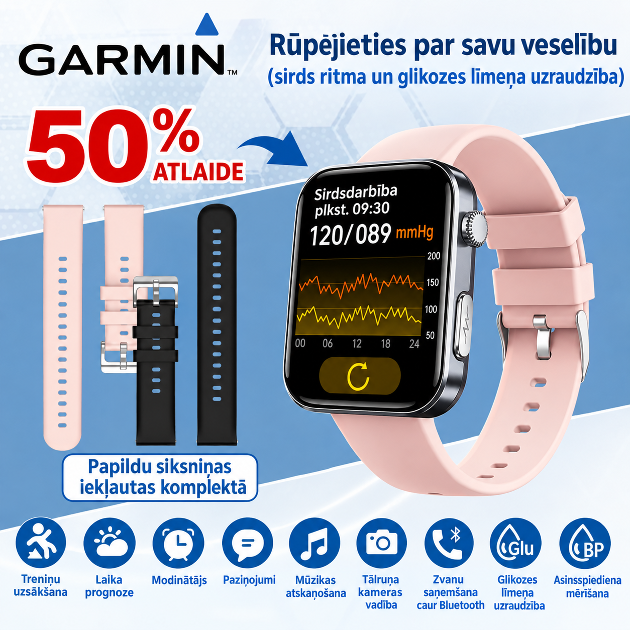 JAUNUMS 2026! Garmin viedpulkstenis ar AI – cukura līmeņa un asinsspiediena mērīšana, zvanu funkcija + 2 siksniņas DĀVANĀ 🎁📞