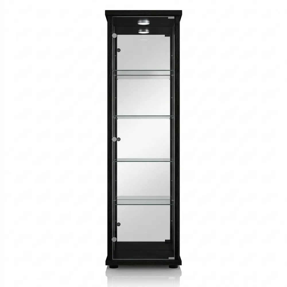 Schwarze Standvitrine mit höhenverstellbaren Glasböden und LED-Beleuchtung