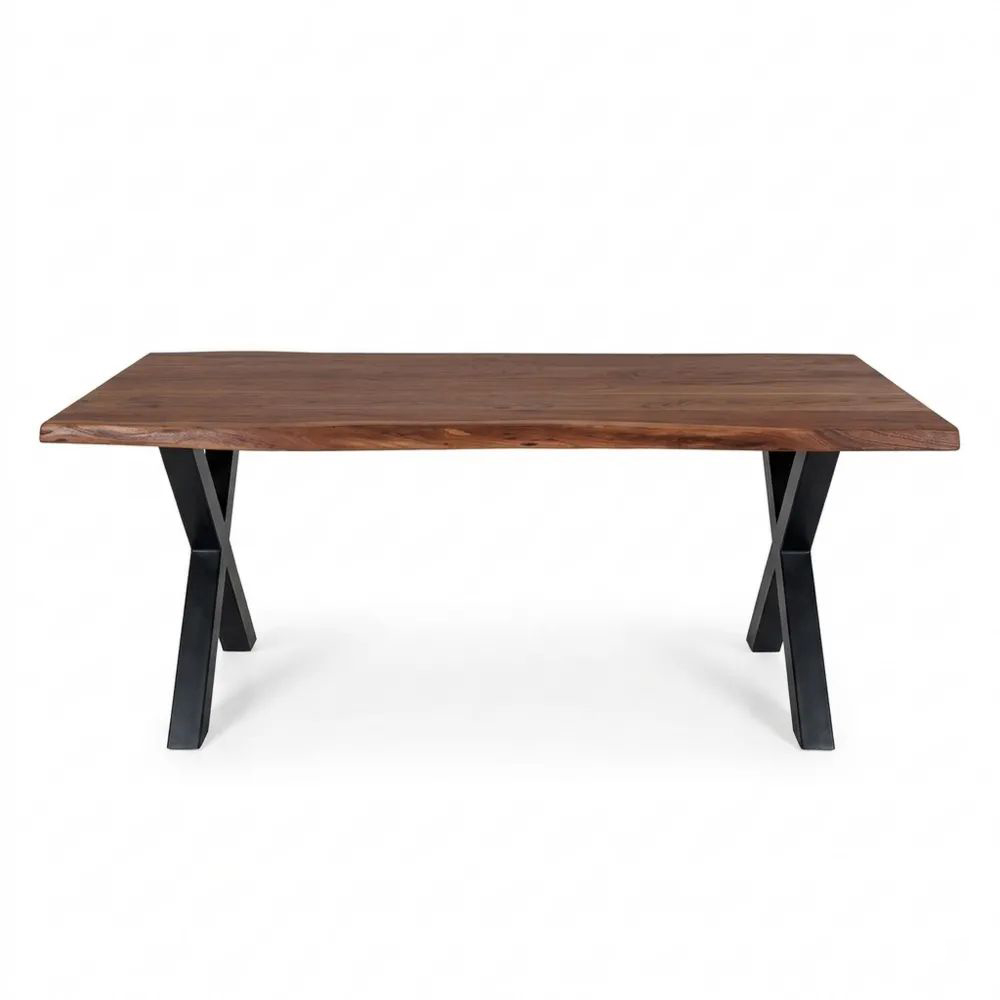 Moderner Esstisch mit Baumkante aus Akazienholz und Metall X-Gestell