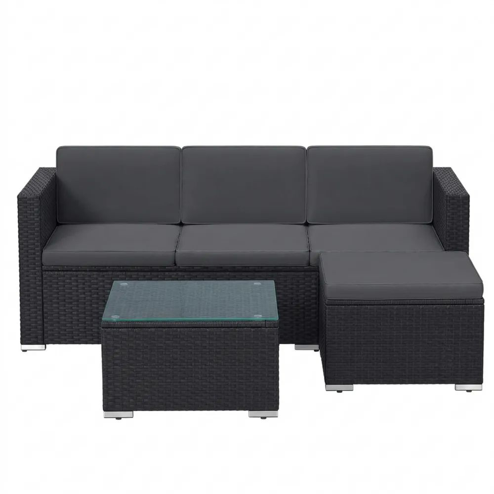Strapazierfähiges Outdoor-Lounge-Set mit Kissen und Glastisch