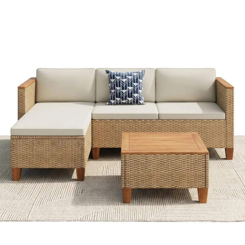 Rattan Gartenmöbel Set für 4 Personen mit Kissen und Tisch, L-förmige Outdoor Lounge