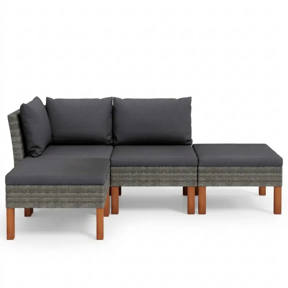 4-teilige Garten-Lounge-Gruppe mit Sitzkissen aus Poly-Rattan in Grau