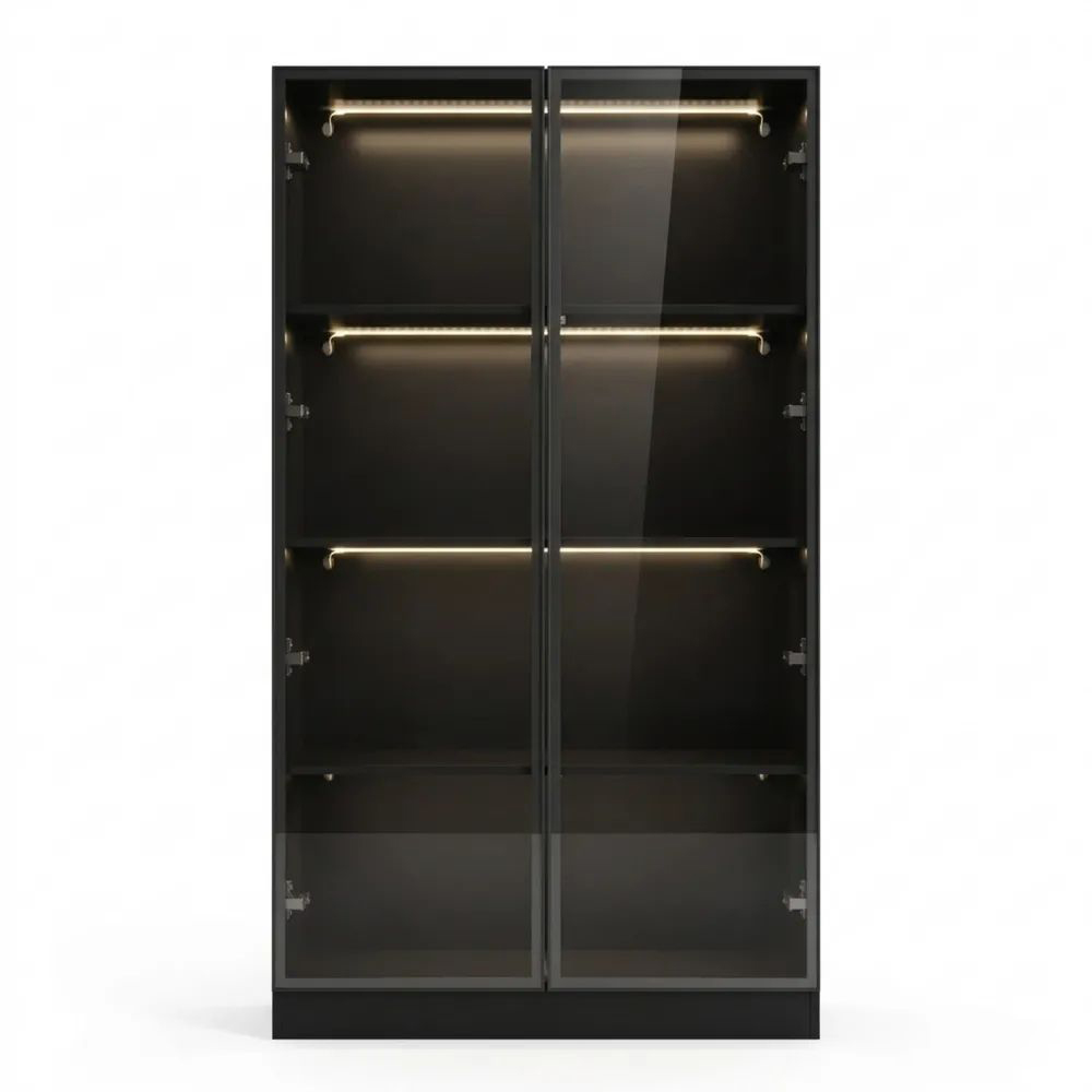 Hochschrank mit Glastüren und Beleuchtung, 4-stufige Einlegeböden, schwarzes Pop-up Design, 80x40x160 cm