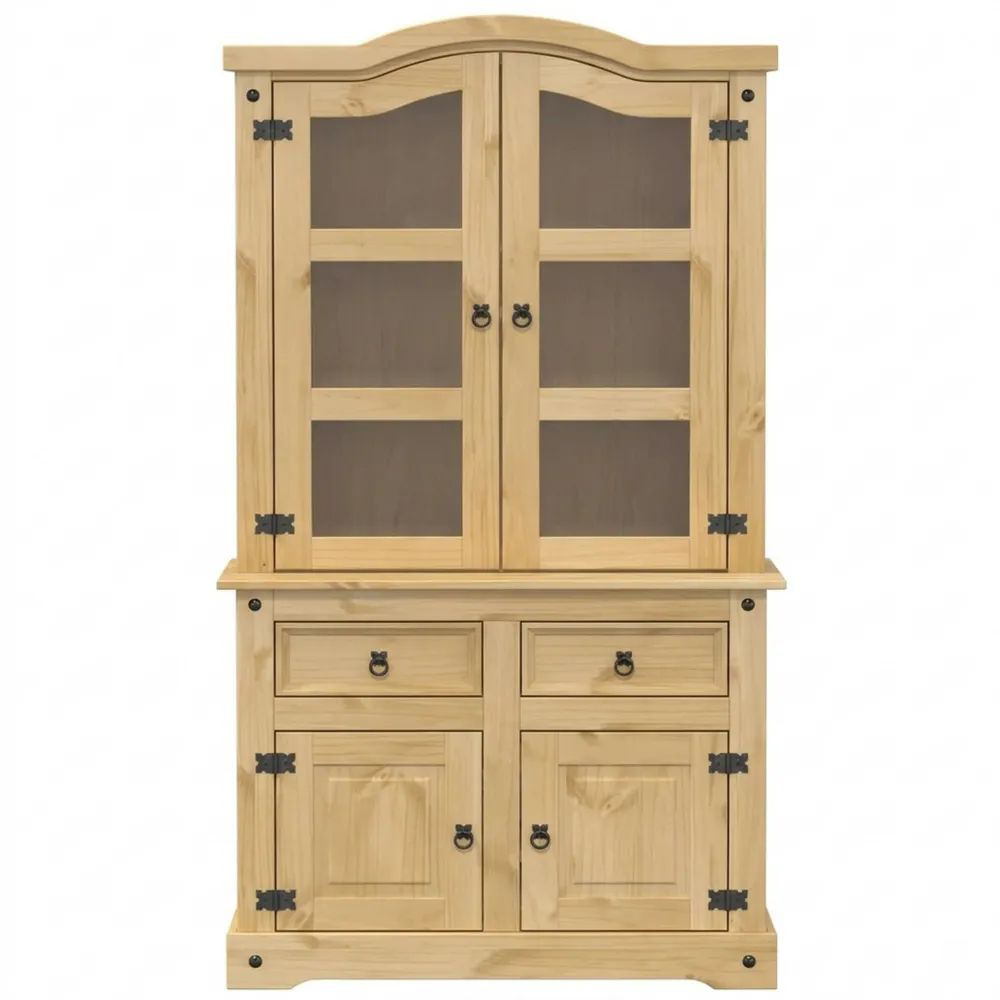 Hoher Vitrinenschrank mit Glastüren und Metallgriffen aus Kiefernholz