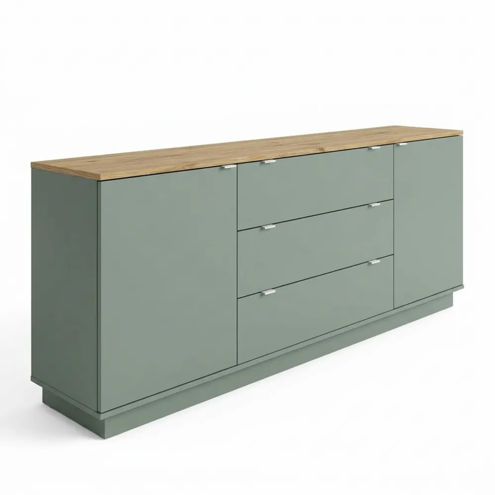 Mehrzweck-Sideboard mit 2 Türen und 3 Schubladen, Holzoptik, Salbeigrün