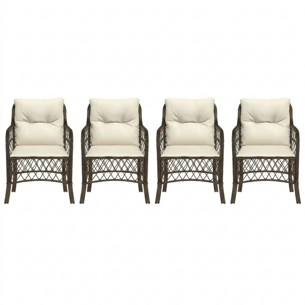 Zwei Outdoor-Gartenstühle mit Kissen und Stahlrahmen, braunes Polyrattan