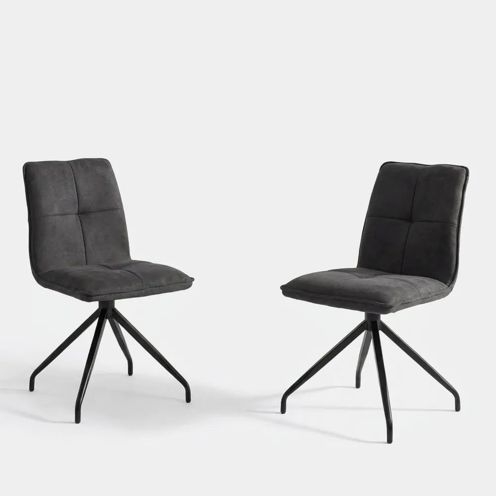Esszimmerstühle drehbar, 2er-Set, gepolstert, schwarz Metallfuß, Stoff grau und beige