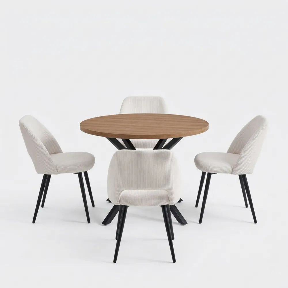 Runder Esstisch mit 4 Cordpolsterstühlen, Hohlrücken, für Esszimmer