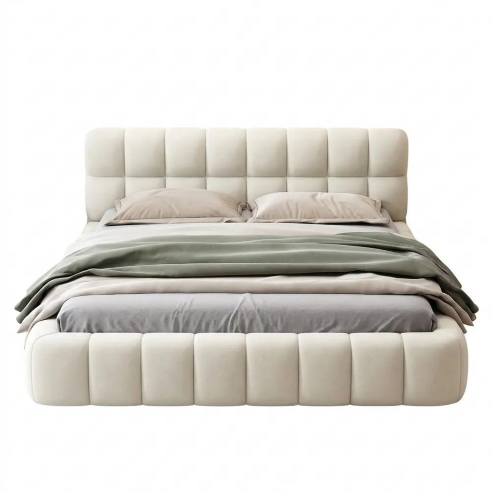 Komfortables Doppelbett 140x200 cm mit weicher Rückenlehne und Lattenrost, Leinen, Beige