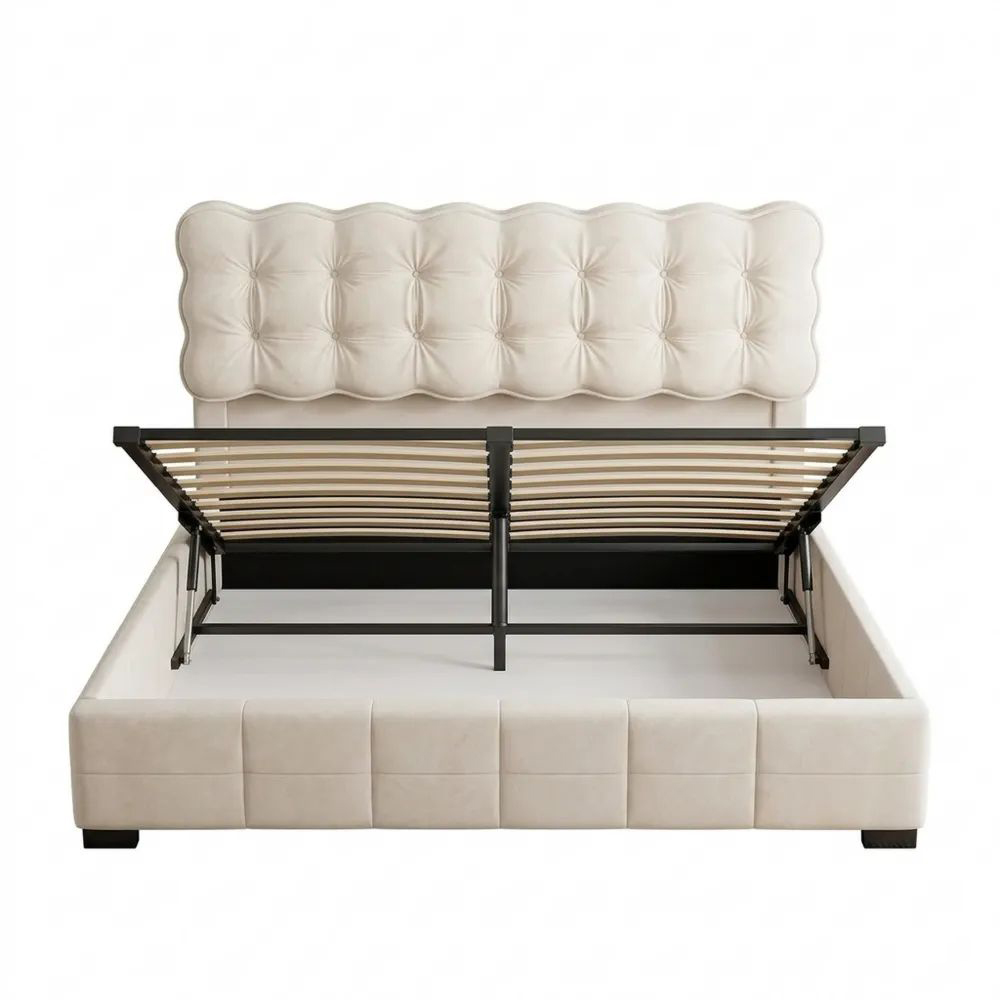 Modernes Polsterbett 140x200 mit Stauraum und LED-Licht, Doppelbett für Jugendzimmer, Gästebettgestell in Beige