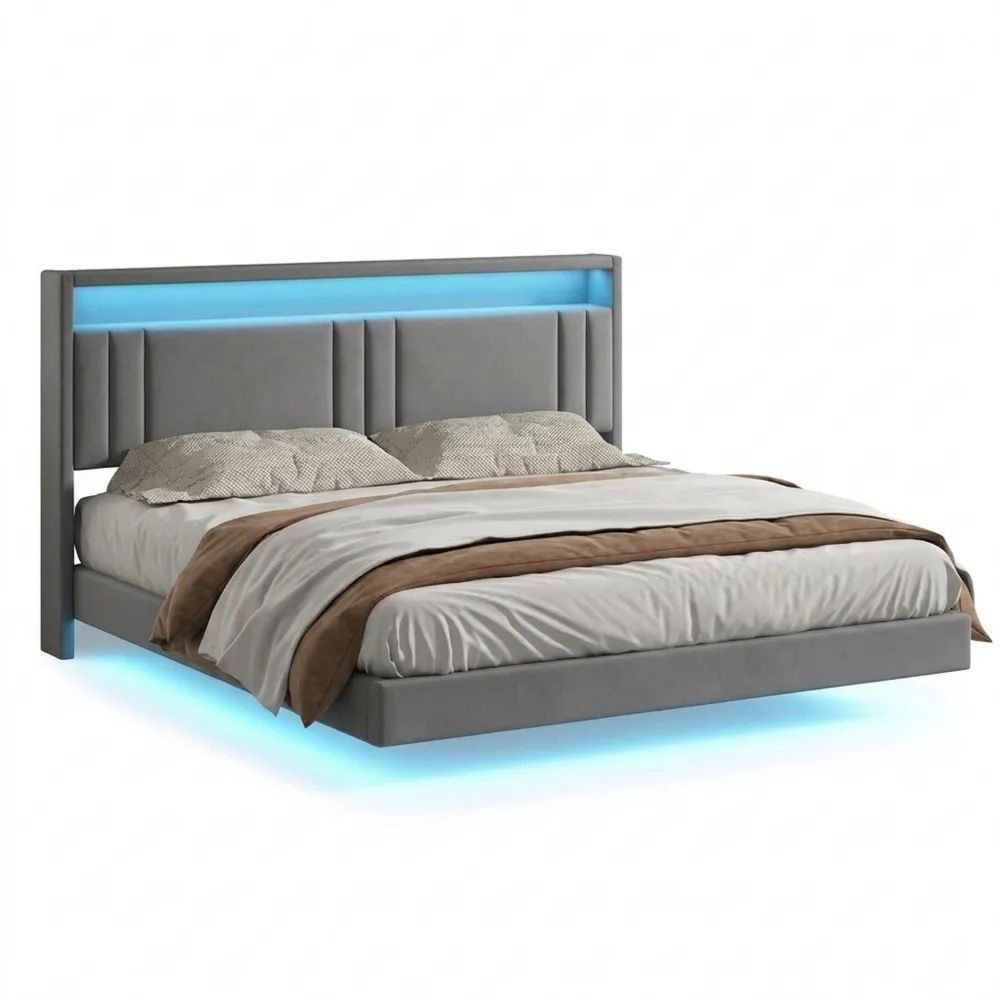 Schwebebett 180x200 cm mit LED und Ladestation für Schlafzimmer, Leinenstoff Grau