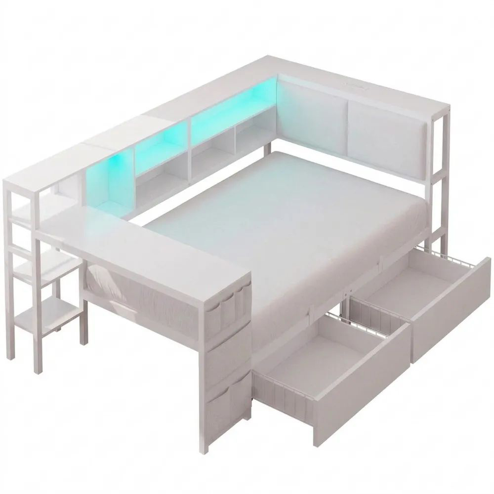 Jugendbett mit LED-Beleuchtung und Ladestation, 90x200 cm Bett mit Tisch und Schubladen, Weiß
