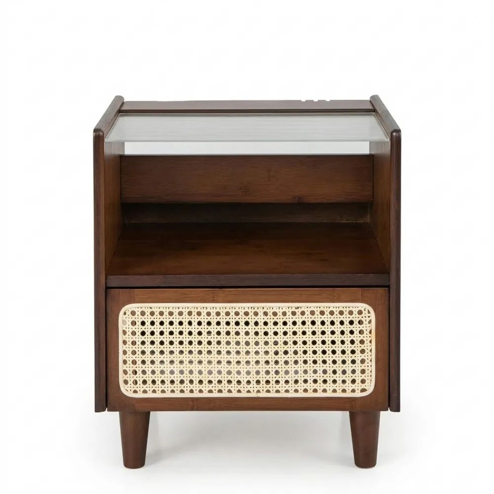 Bambus-Nachttisch mit Rattan-Schublade und Glastischplatte, 43x35x50 cm, braun